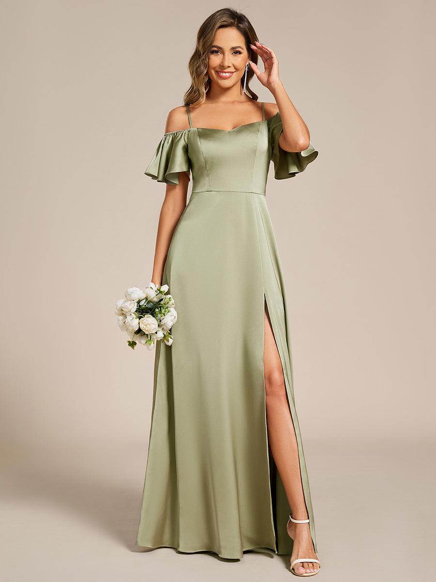 AUBREE|Short Sleeve Off Shoulder A-Line Satin Bridesmaid Dress