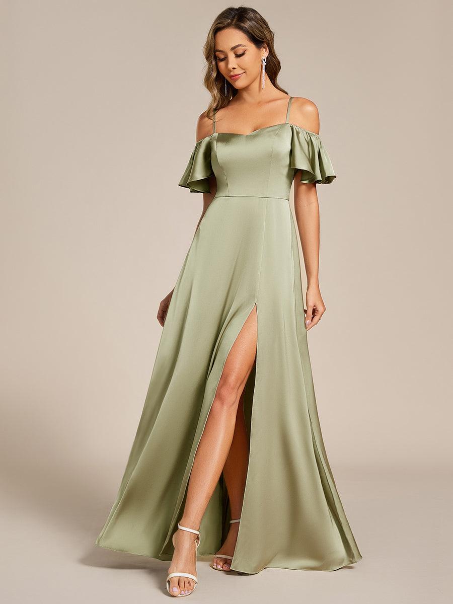 AUBREE|Short Sleeve Off Shoulder A-Line Satin Bridesmaid Dress