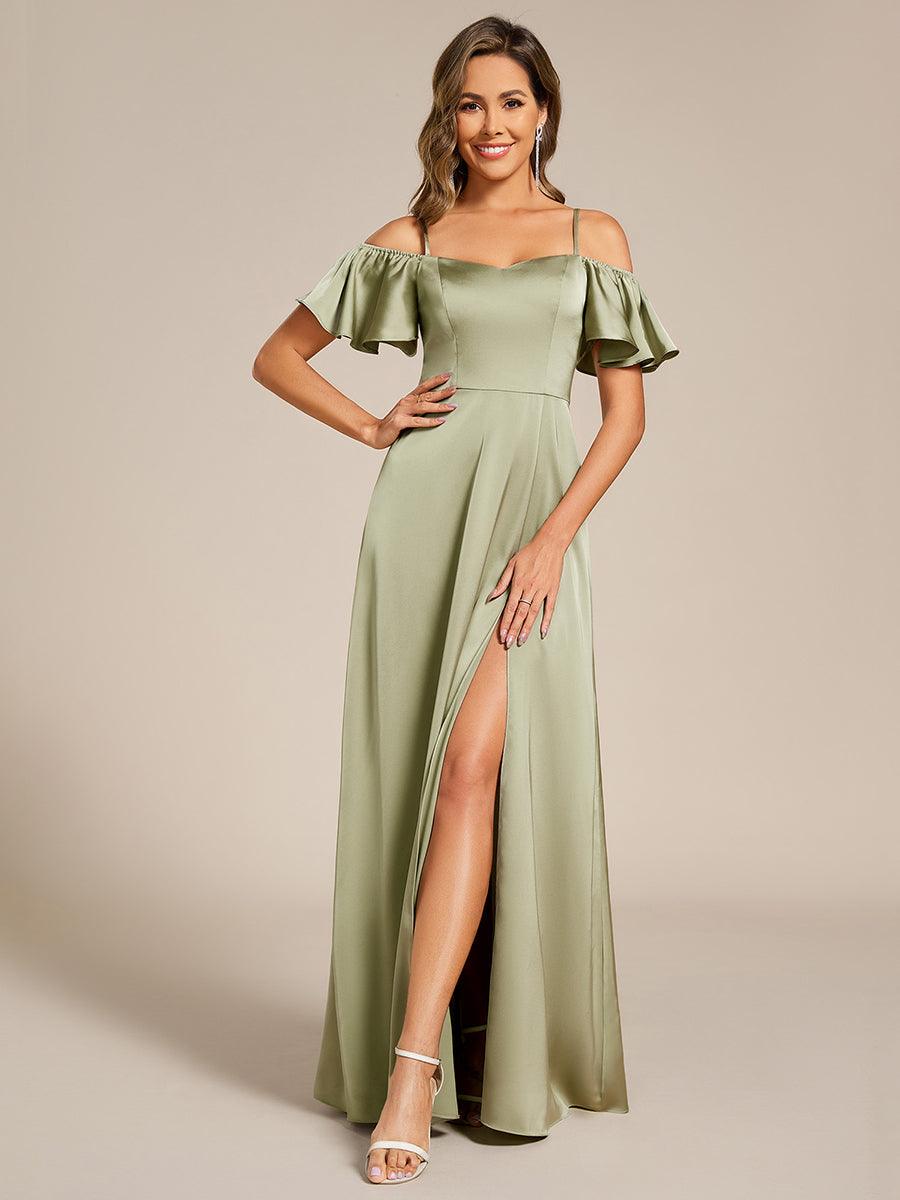 AUBREE|Short Sleeve Off Shoulder A-Line Satin Bridesmaid Dress