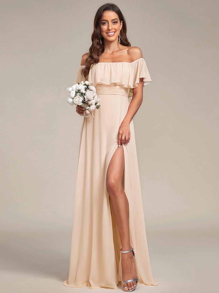 ÉMILE|Off the Shoulder Ruffle Bodice Long Flowy Chiffon Bridesmaid Dress