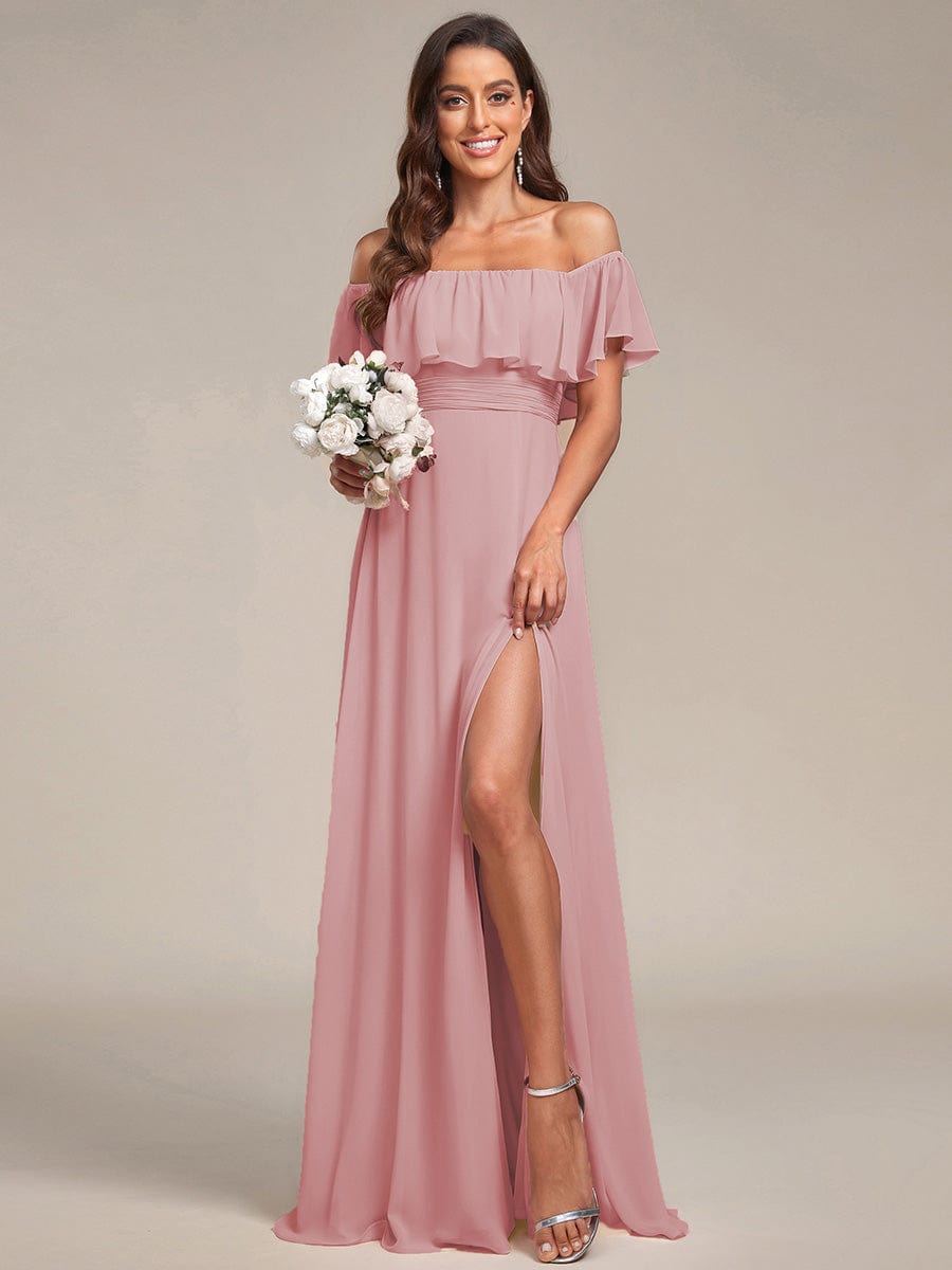 ÉMILE|Off the Shoulder Ruffle Bodice Long Flowy Chiffon Bridesmaid Dress