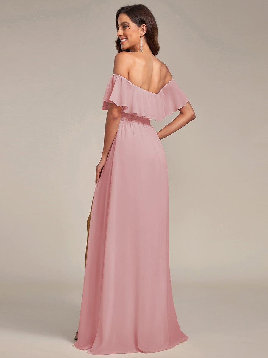 ÉMILE|Off the Shoulder Ruffle Bodice Long Flowy Chiffon Bridesmaid Dress