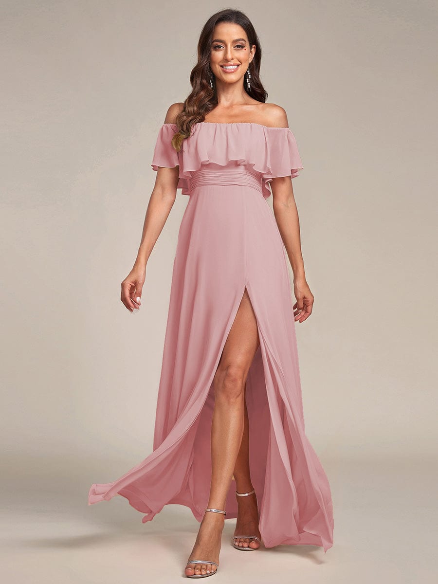 ÉMILE|Off the Shoulder Ruffle Bodice Long Flowy Chiffon Bridesmaid Dress