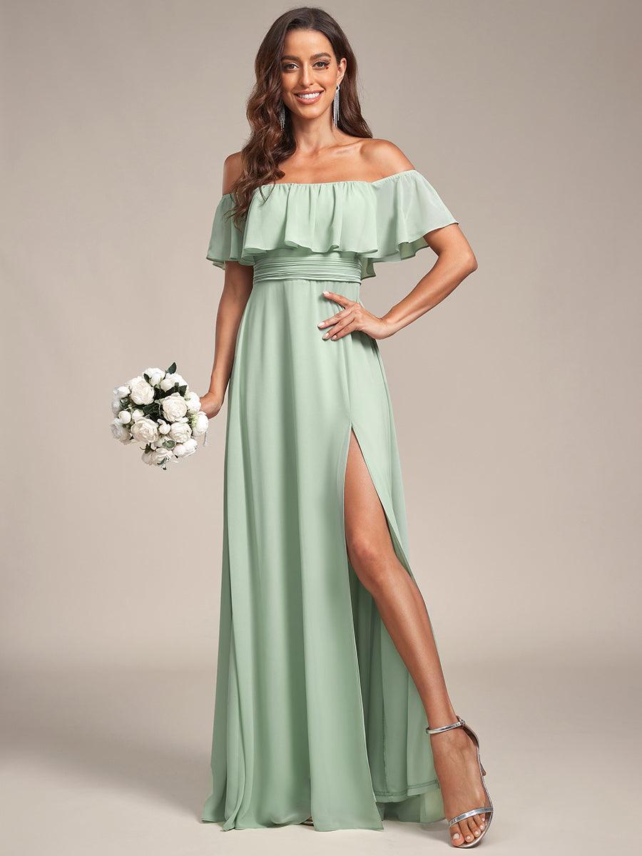 ÉMILE|Off the Shoulder Ruffle Bodice Long Flowy Chiffon Bridesmaid Dress