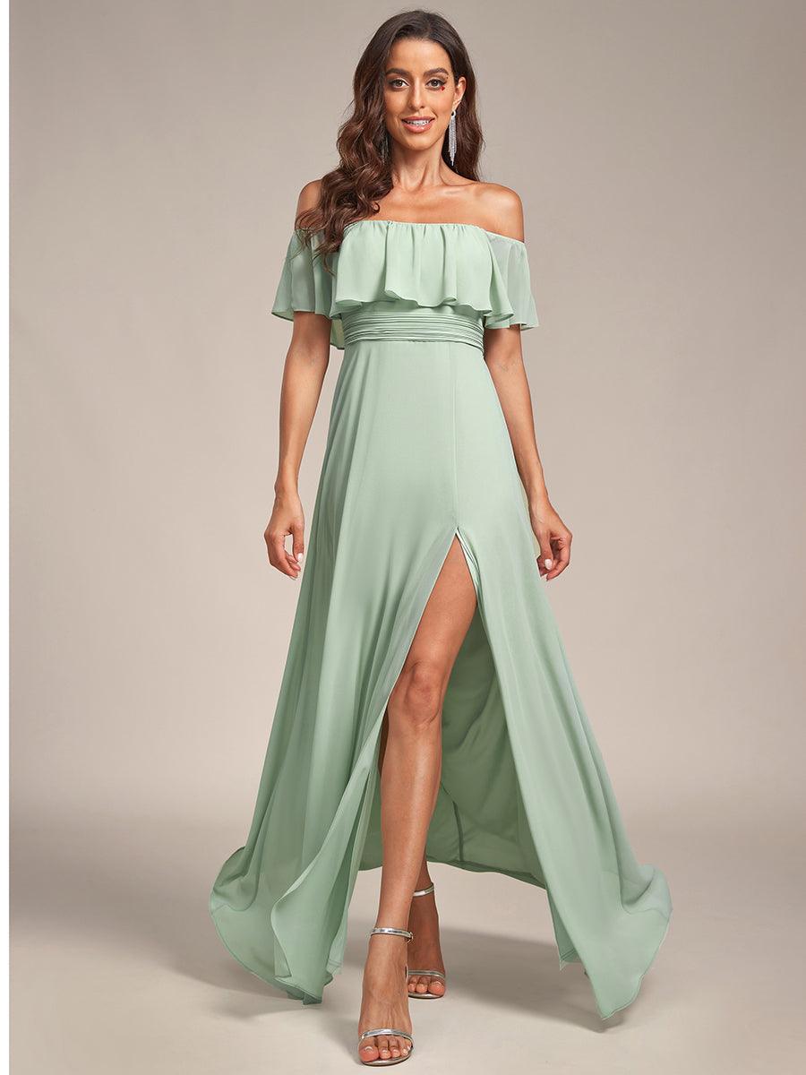 ÉMILE|Off the Shoulder Ruffle Bodice Long Flowy Chiffon Bridesmaid Dress