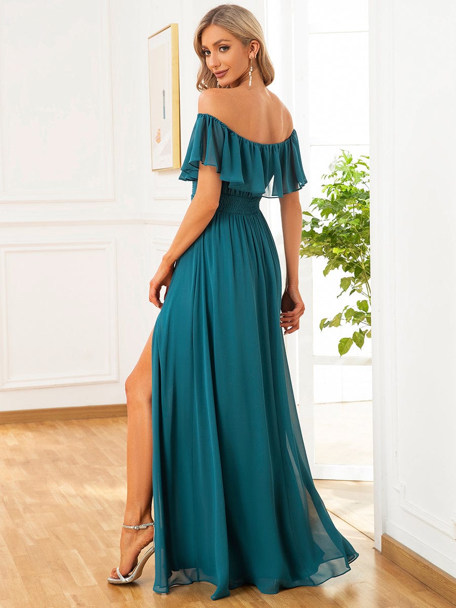 ÉMILE|Off the Shoulder Ruffle Bodice Long Flowy Chiffon Bridesmaid Dress