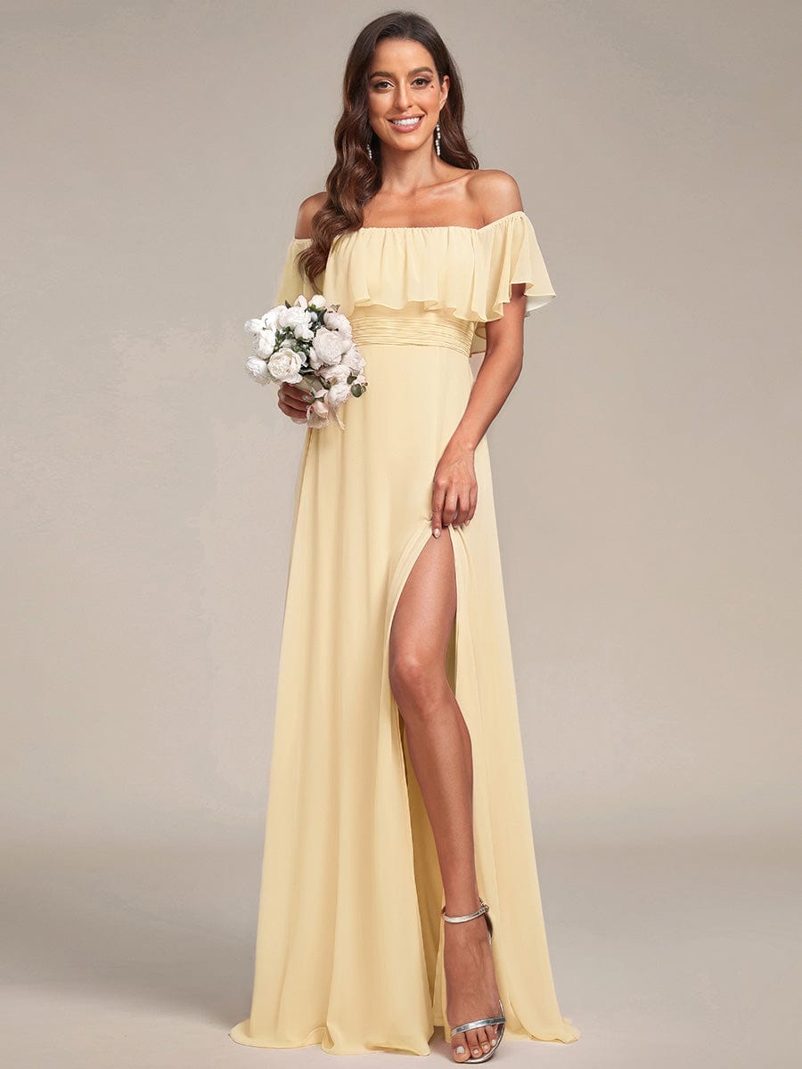 ÉMILE|Off the Shoulder Ruffle Bodice Long Flowy Chiffon Bridesmaid Dress