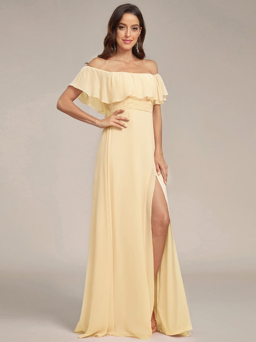 ÉMILE|Off the Shoulder Ruffle Bodice Long Flowy Chiffon Bridesmaid Dress
