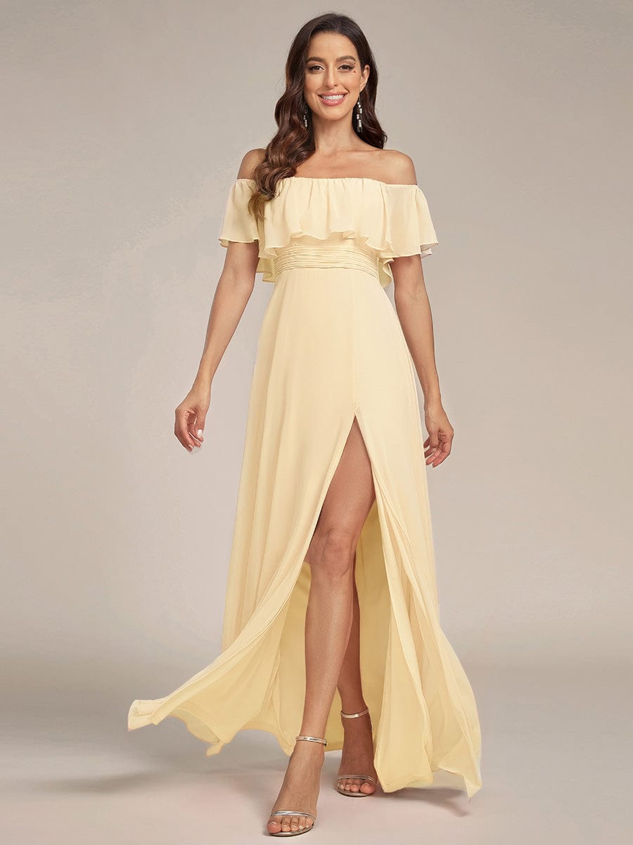ÉMILE|Off the Shoulder Ruffle Bodice Long Flowy Chiffon Bridesmaid Dress