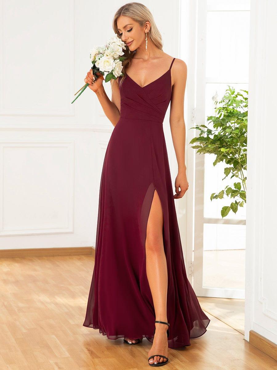 Pretty|Pleated V-Neck Spaghetti Strap High Slit Bridesmaid Dress