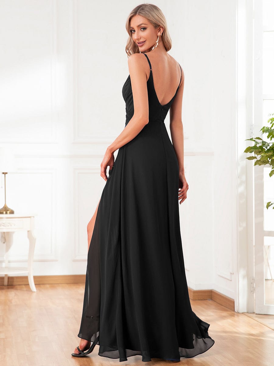 Pretty|Pleated V-Neck Spaghetti Strap High Slit Bridesmaid Dress