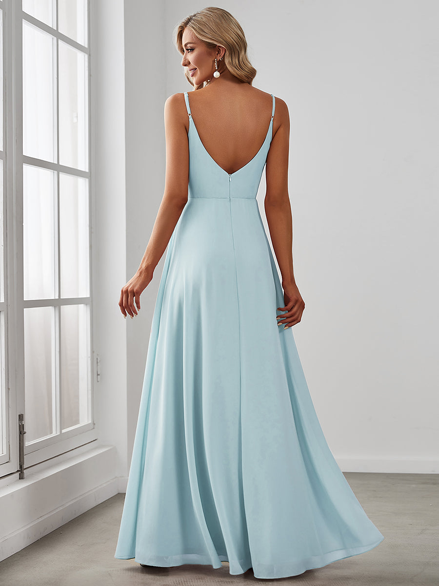 Pretty|Pleated V-Neck Spaghetti Strap High Slit Bridesmaid Dress
