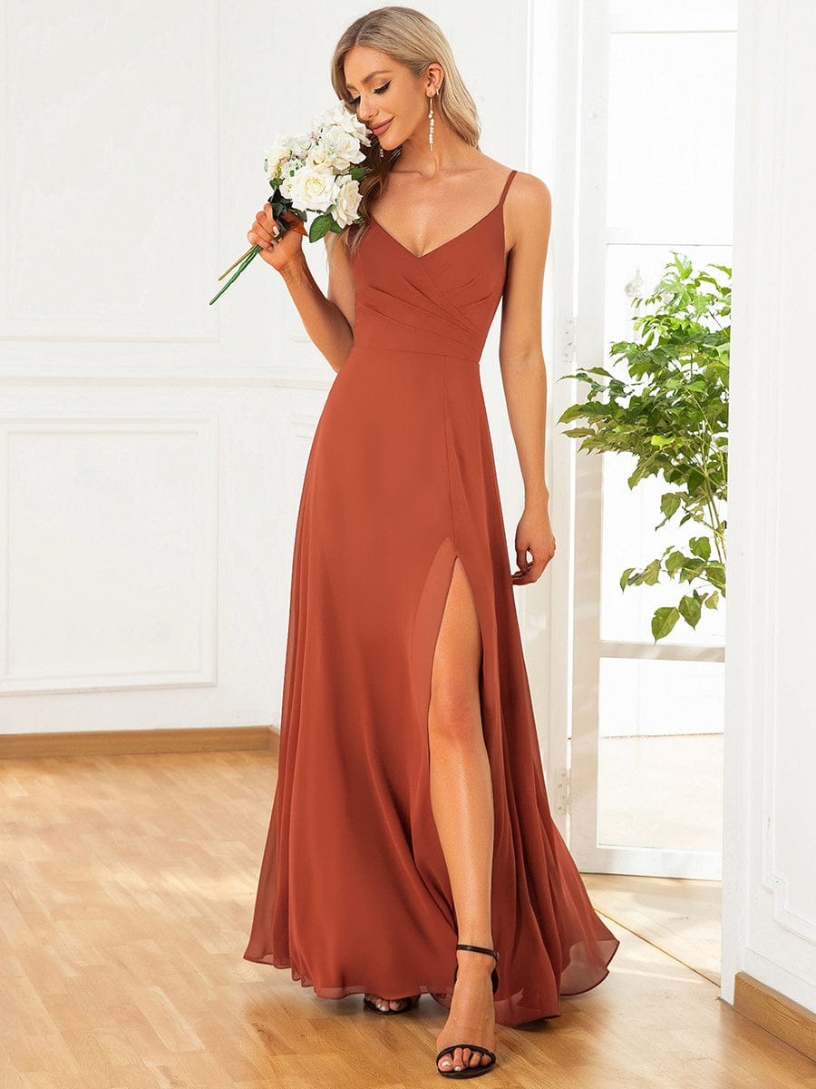 Pretty|Pleated V-Neck Spaghetti Strap High Slit Bridesmaid Dress