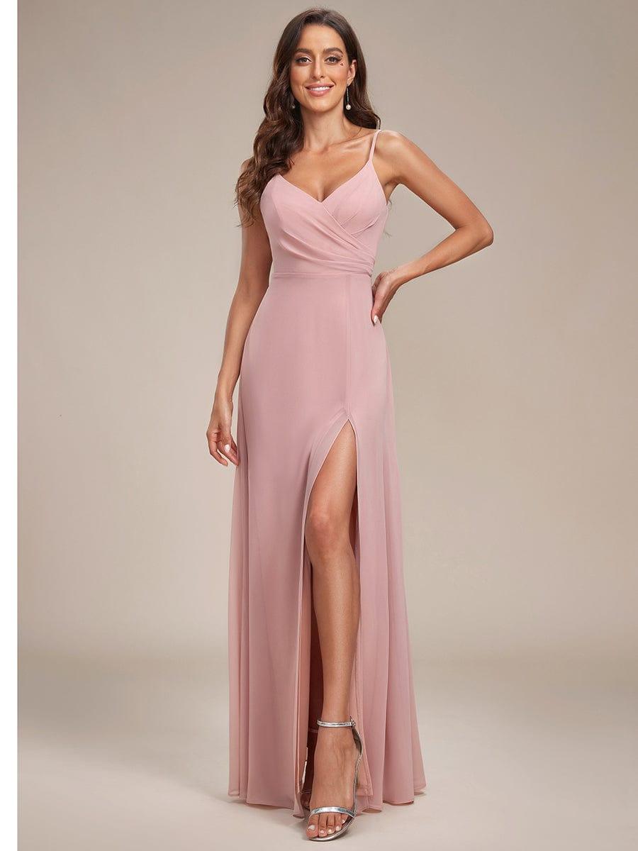 Pretty|Pleated V-Neck Spaghetti Strap High Slit Bridesmaid Dress