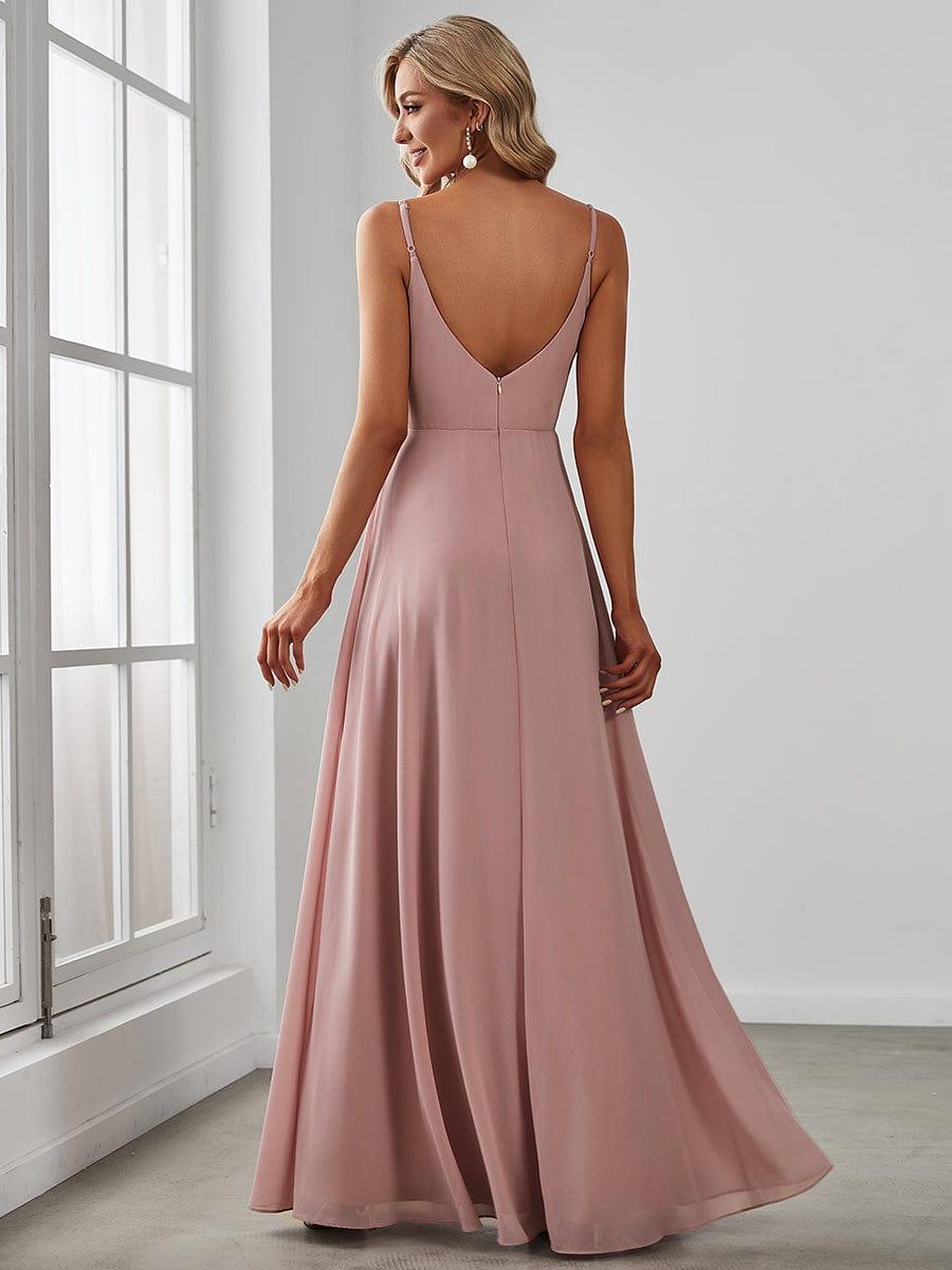 Pretty|Pleated V-Neck Spaghetti Strap High Slit Bridesmaid Dress