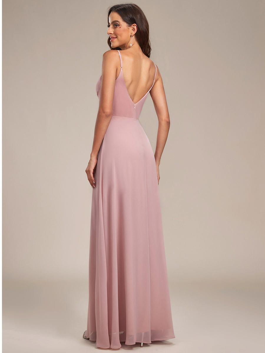 Pretty|Pleated V-Neck Spaghetti Strap High Slit Bridesmaid Dress
