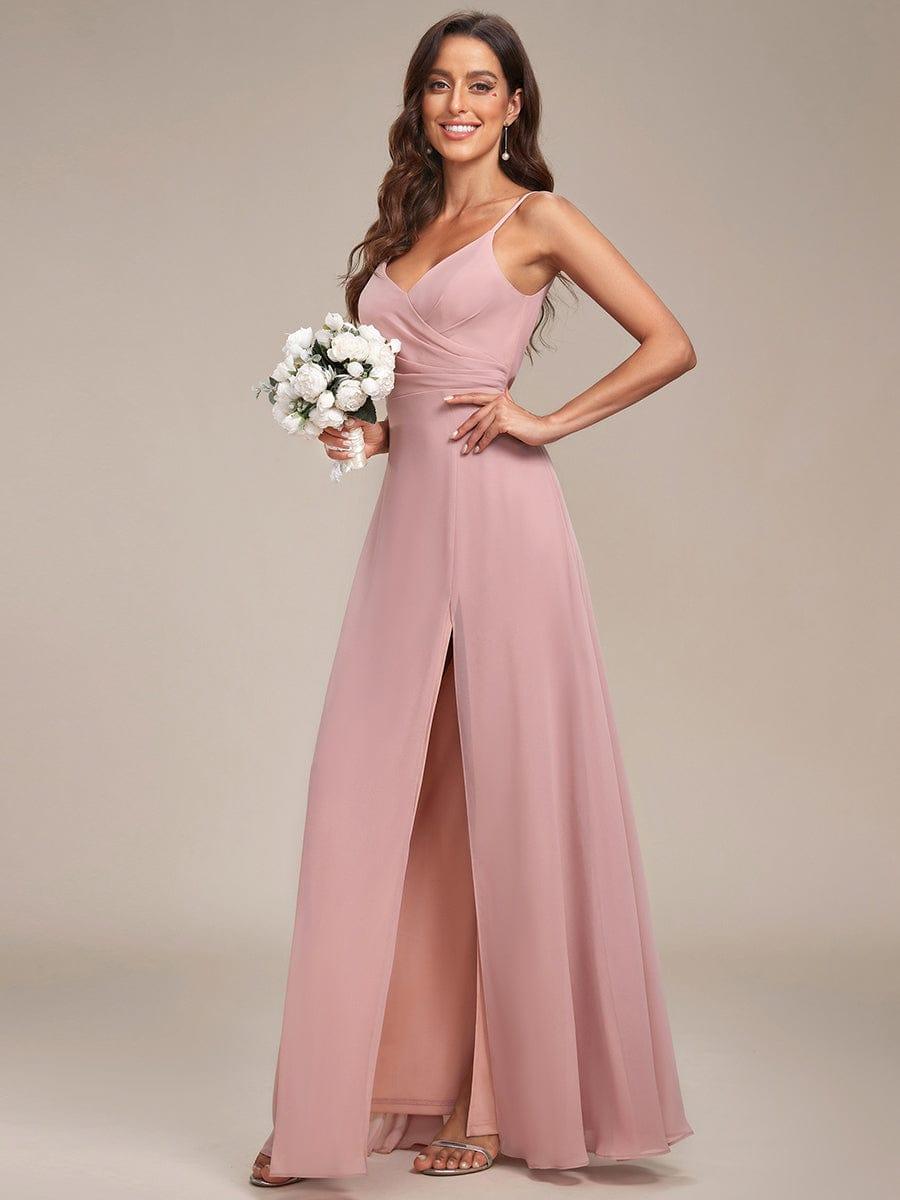 Pretty|Pleated V-Neck Spaghetti Strap High Slit Bridesmaid Dress