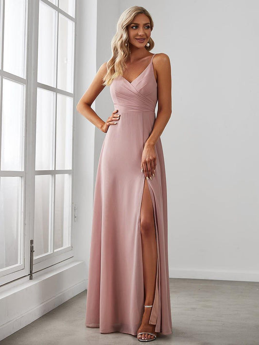 Pretty|Pleated V-Neck Spaghetti Strap High Slit Bridesmaid Dress