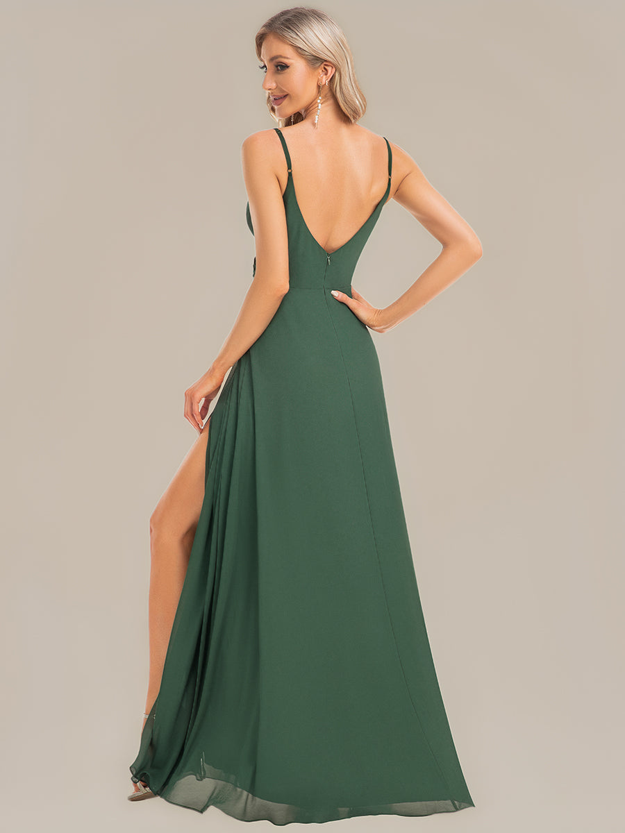 Pretty|Pleated V-Neck Spaghetti Strap High Slit Bridesmaid Dress