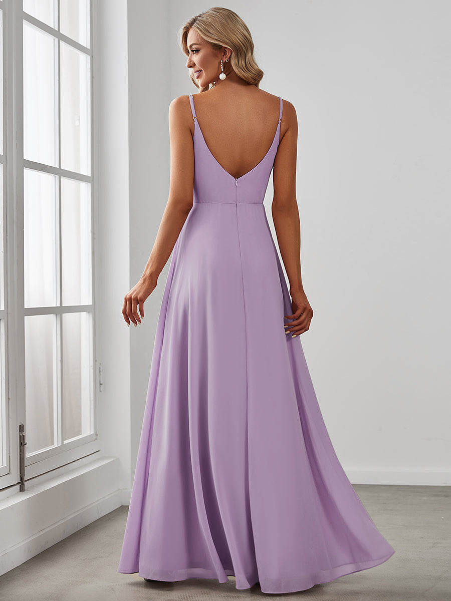 Pretty|Pleated V-Neck Spaghetti Strap High Slit Bridesmaid Dress