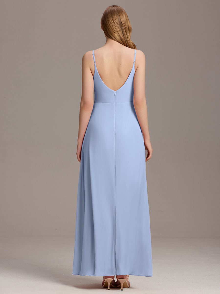 Pretty|Pleated V-Neck Spaghetti Strap High Slit Bridesmaid Dress