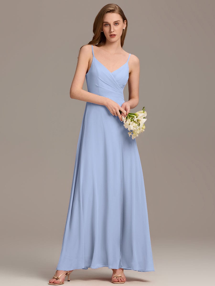 Pretty|Pleated V-Neck Spaghetti Strap High Slit Bridesmaid Dress