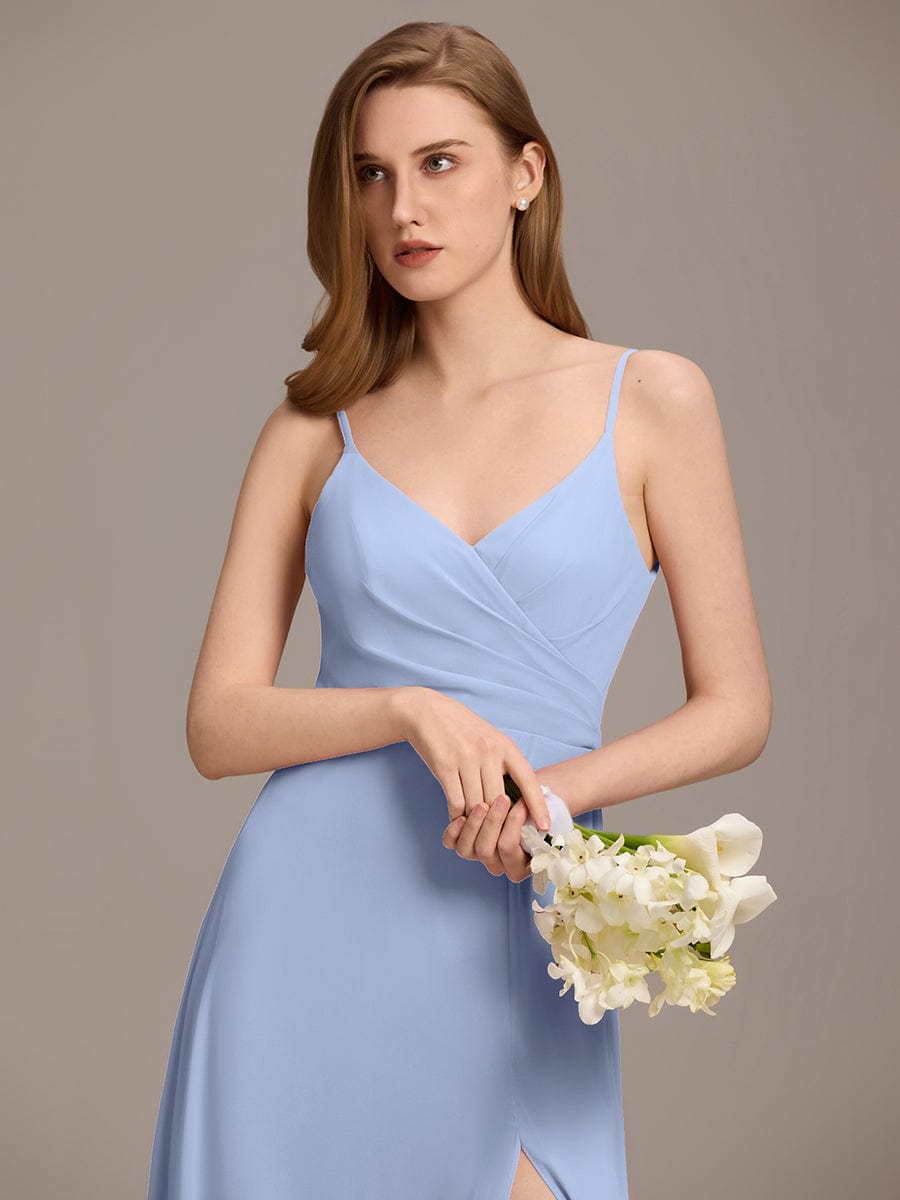 Pretty|Pleated V-Neck Spaghetti Strap High Slit Bridesmaid Dress