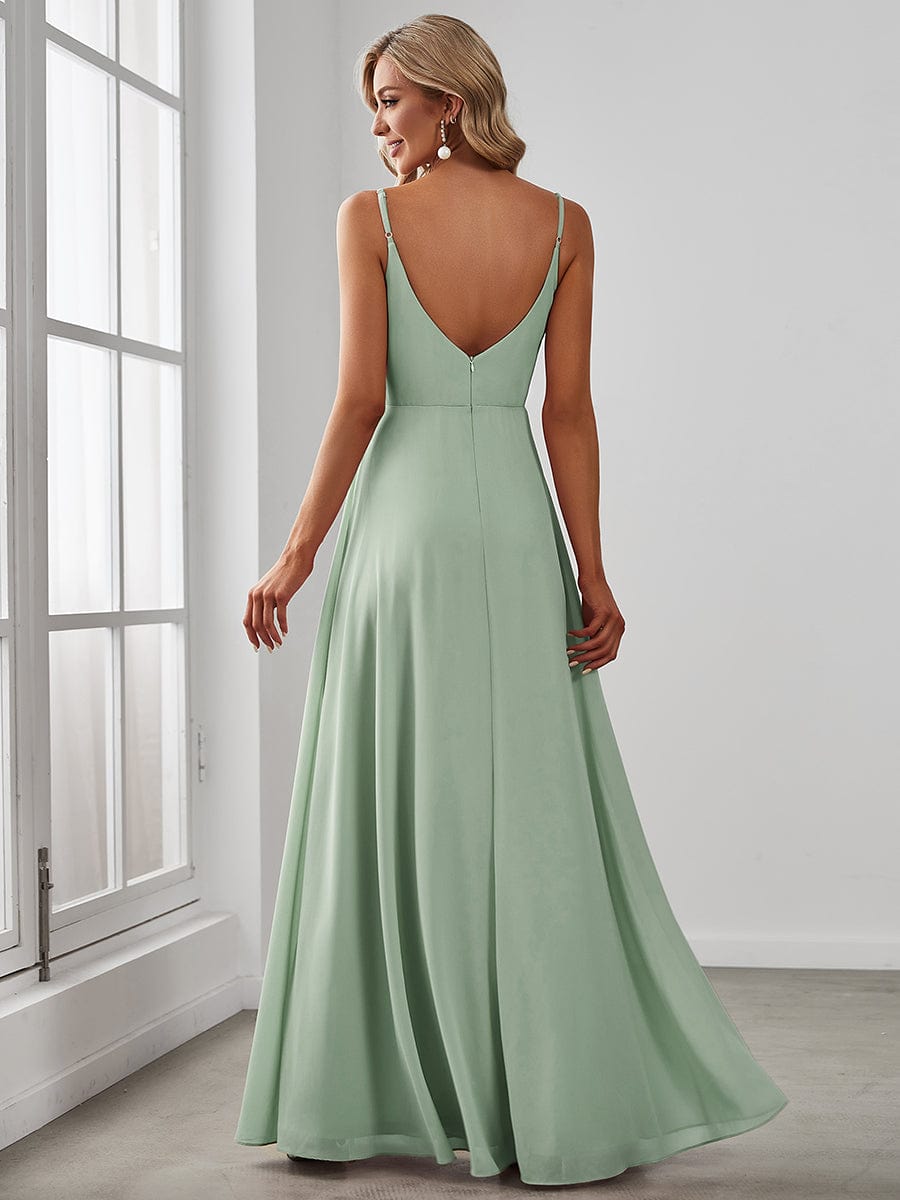 Pretty|Pleated V-Neck Spaghetti Strap High Slit Bridesmaid Dress