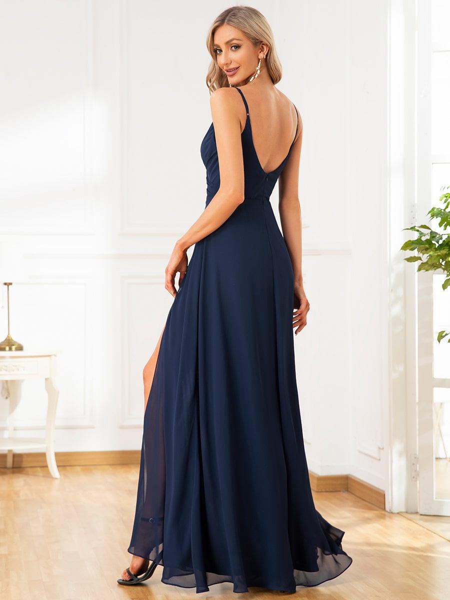 Pretty|Pleated V-Neck Spaghetti Strap High Slit Bridesmaid Dress