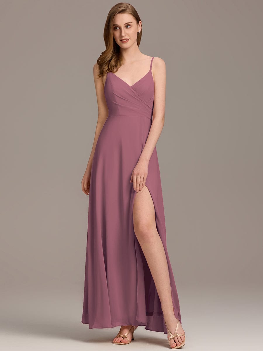 Pretty|Pleated V-Neck Spaghetti Strap High Slit Bridesmaid Dress