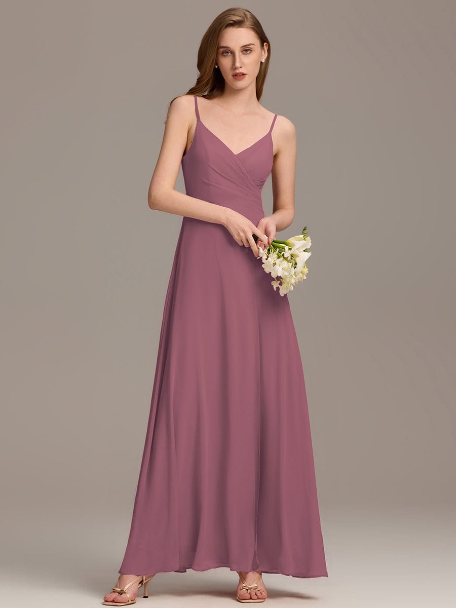 Pretty|Pleated V-Neck Spaghetti Strap High Slit Bridesmaid Dress