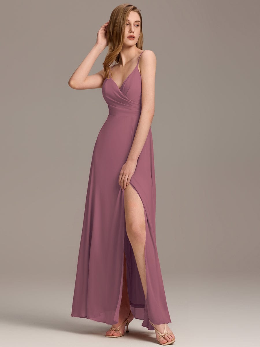 Pretty|Pleated V-Neck Spaghetti Strap High Slit Bridesmaid Dress