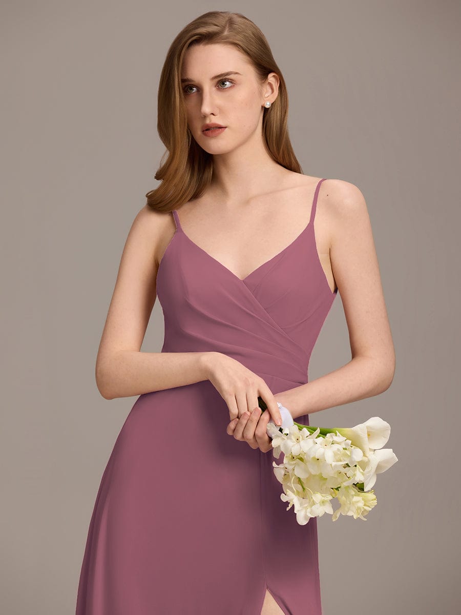 Pretty|Pleated V-Neck Spaghetti Strap High Slit Bridesmaid Dress