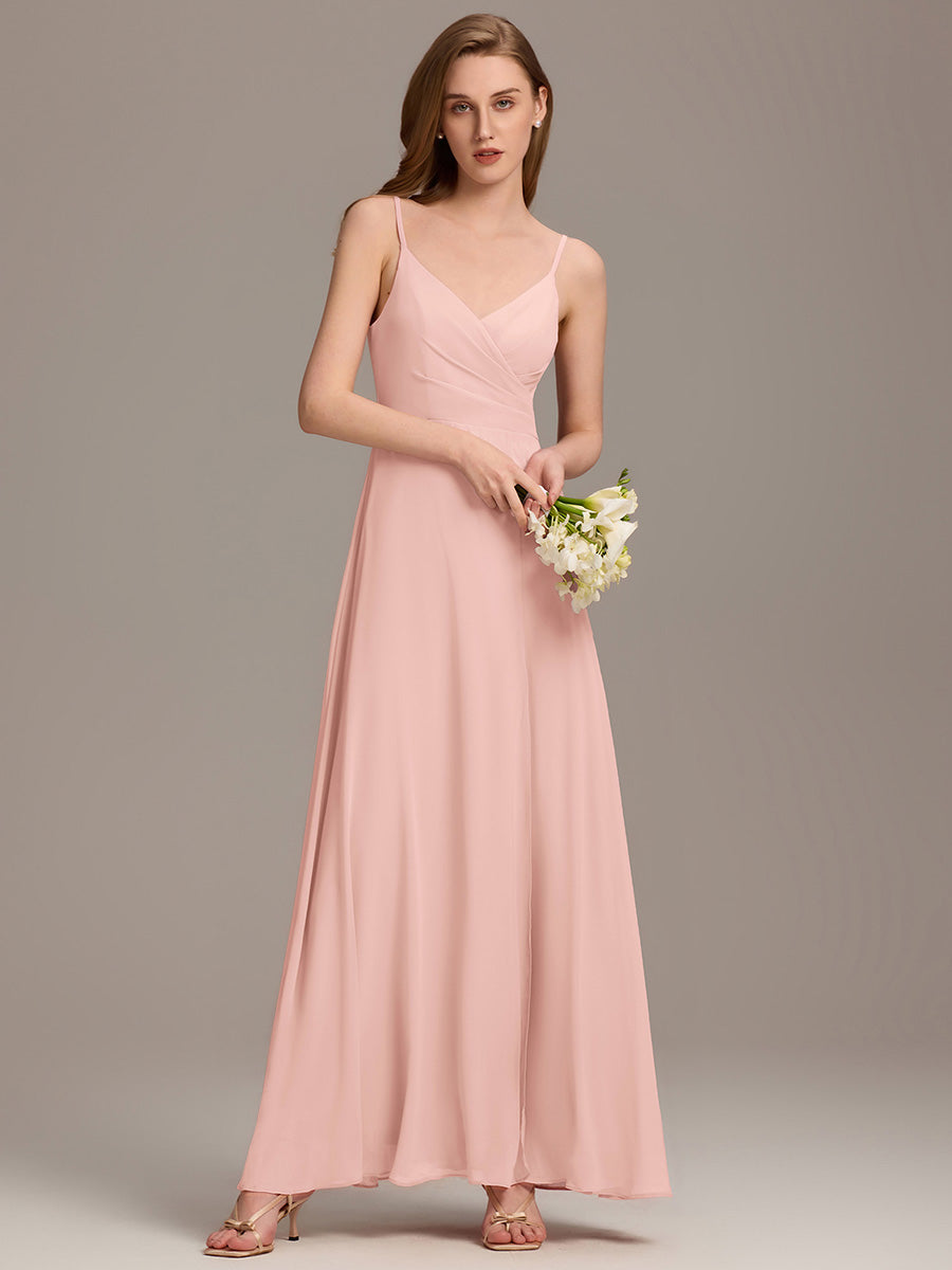 Pretty|Pleated V-Neck Spaghetti Strap High Slit Bridesmaid Dress