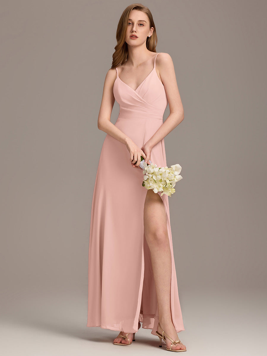 Pretty|Pleated V-Neck Spaghetti Strap High Slit Bridesmaid Dress