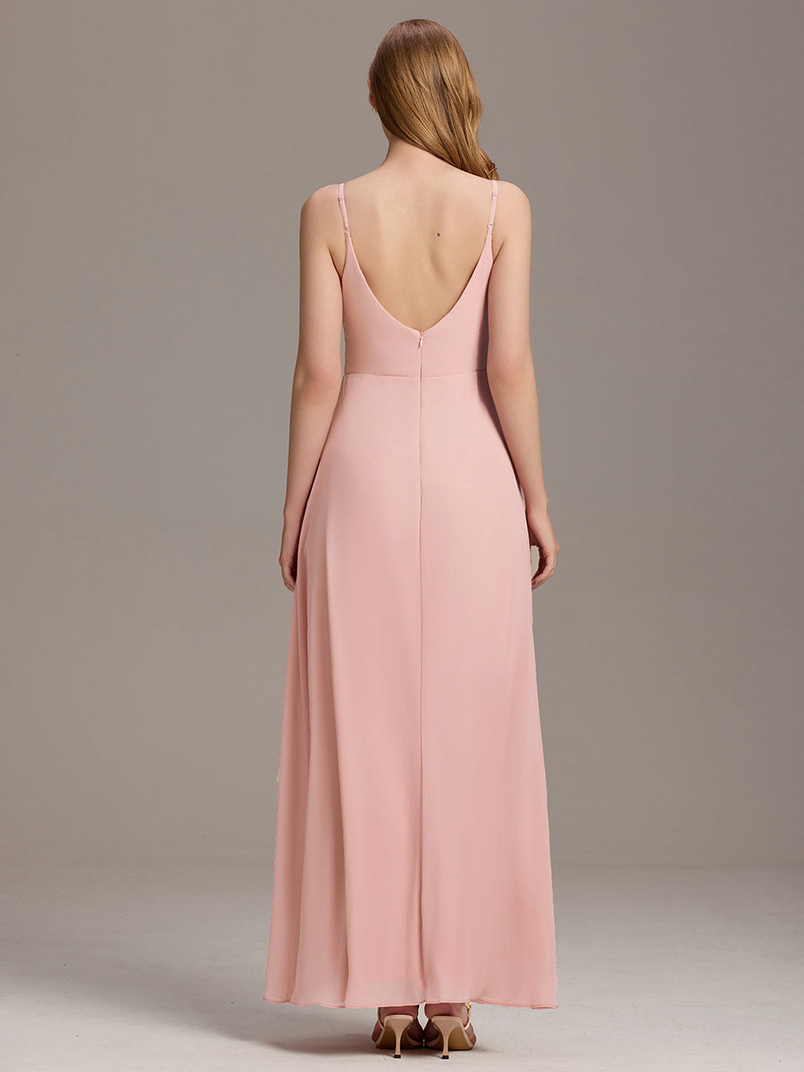 Pretty|Pleated V-Neck Spaghetti Strap High Slit Bridesmaid Dress