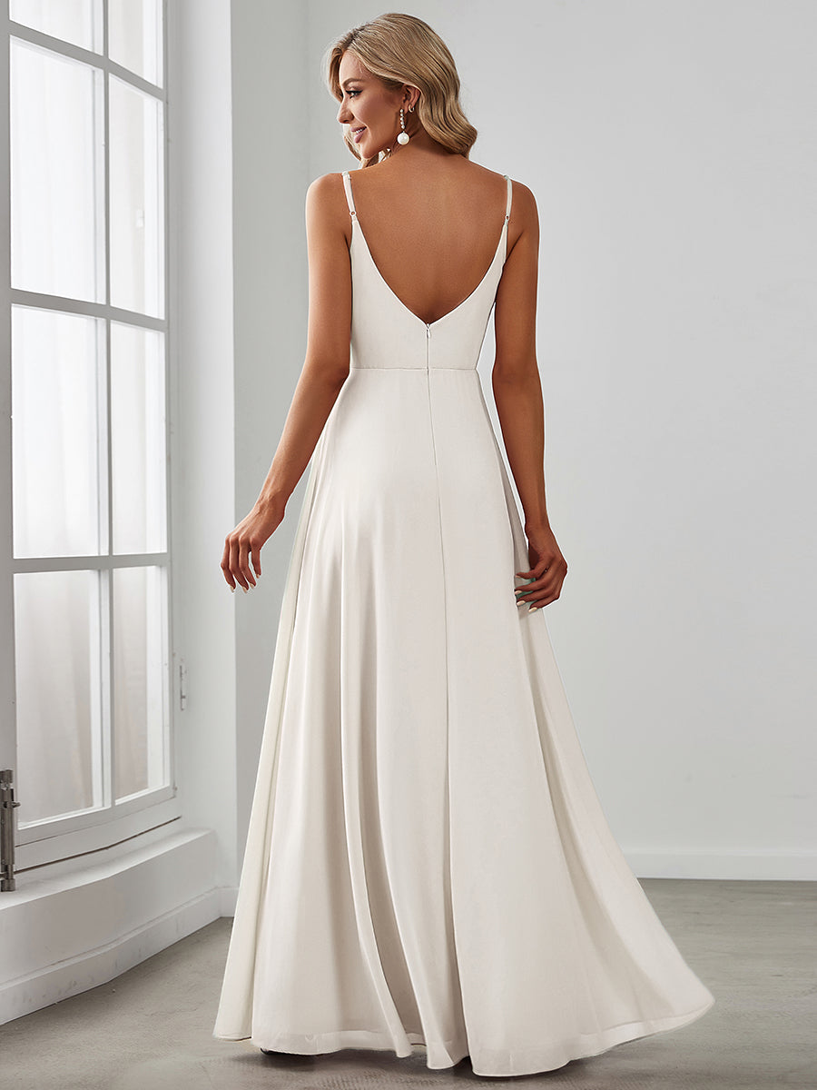 Pretty|Pleated V-Neck Spaghetti Strap High Slit Bridesmaid Dress