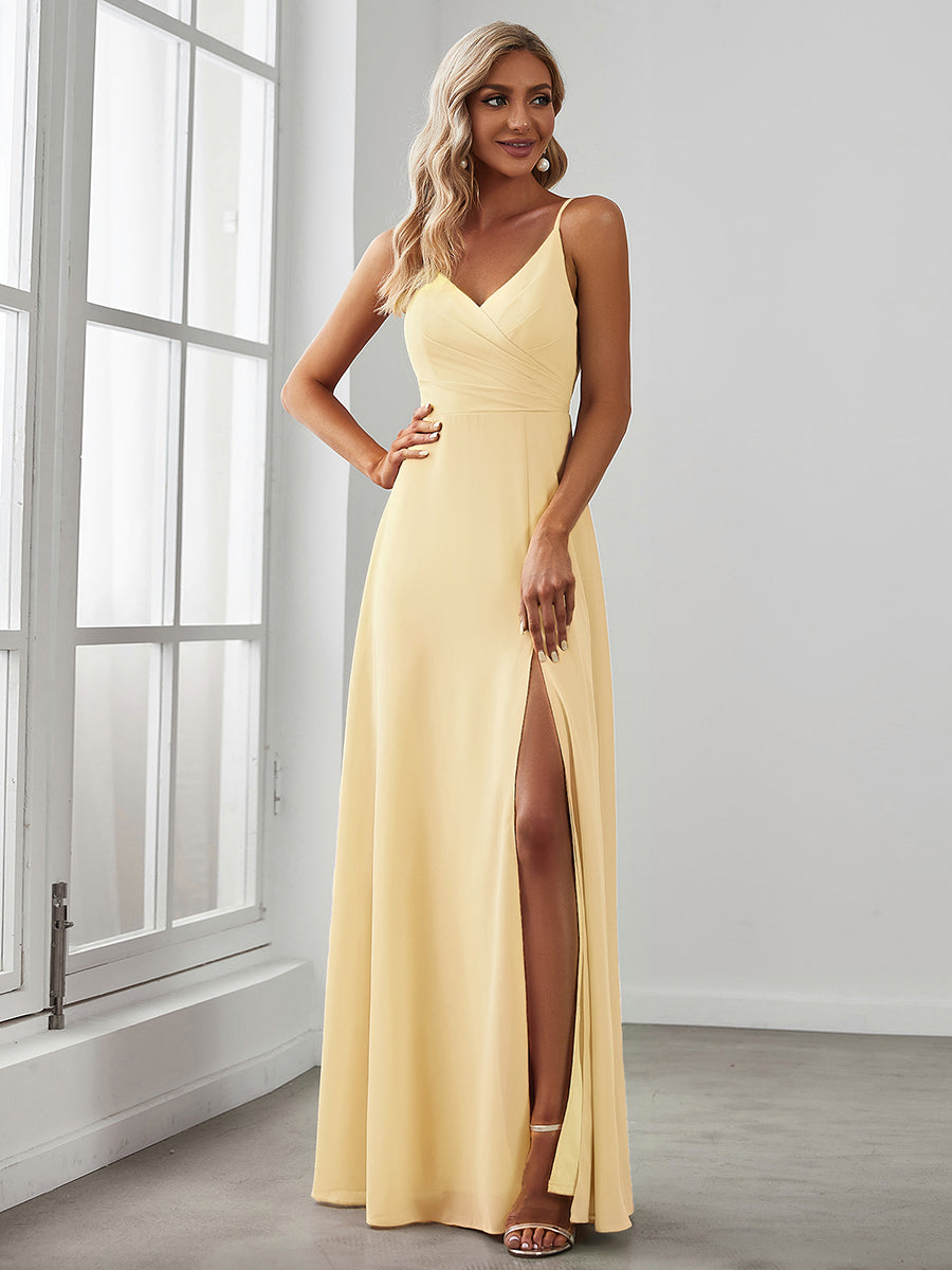 Pretty|Pleated V-Neck Spaghetti Strap High Slit Bridesmaid Dress
