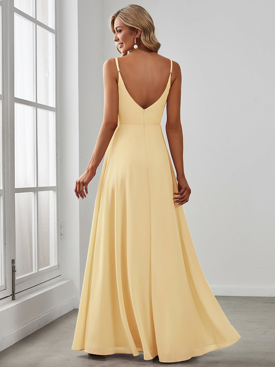 Pretty|Pleated V-Neck Spaghetti Strap High Slit Bridesmaid Dress