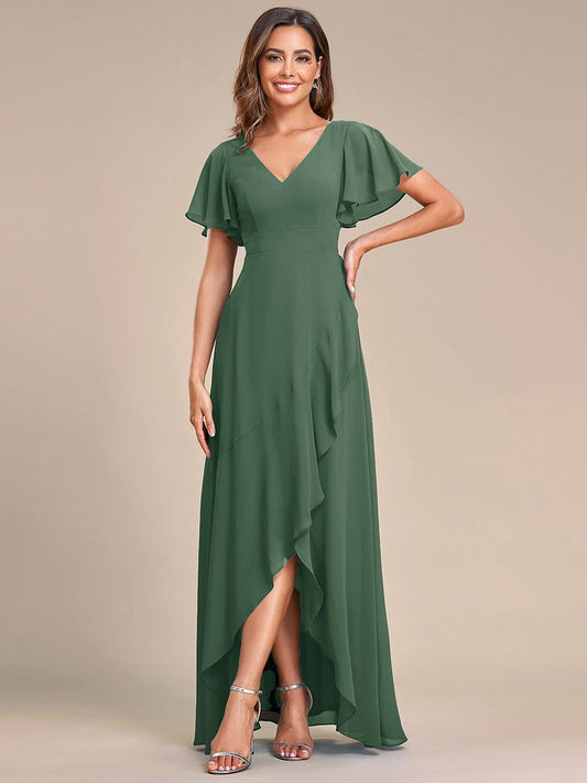 OREE|Ruffles Sleeve V-Neck Chiffon Bridesmaid Dress