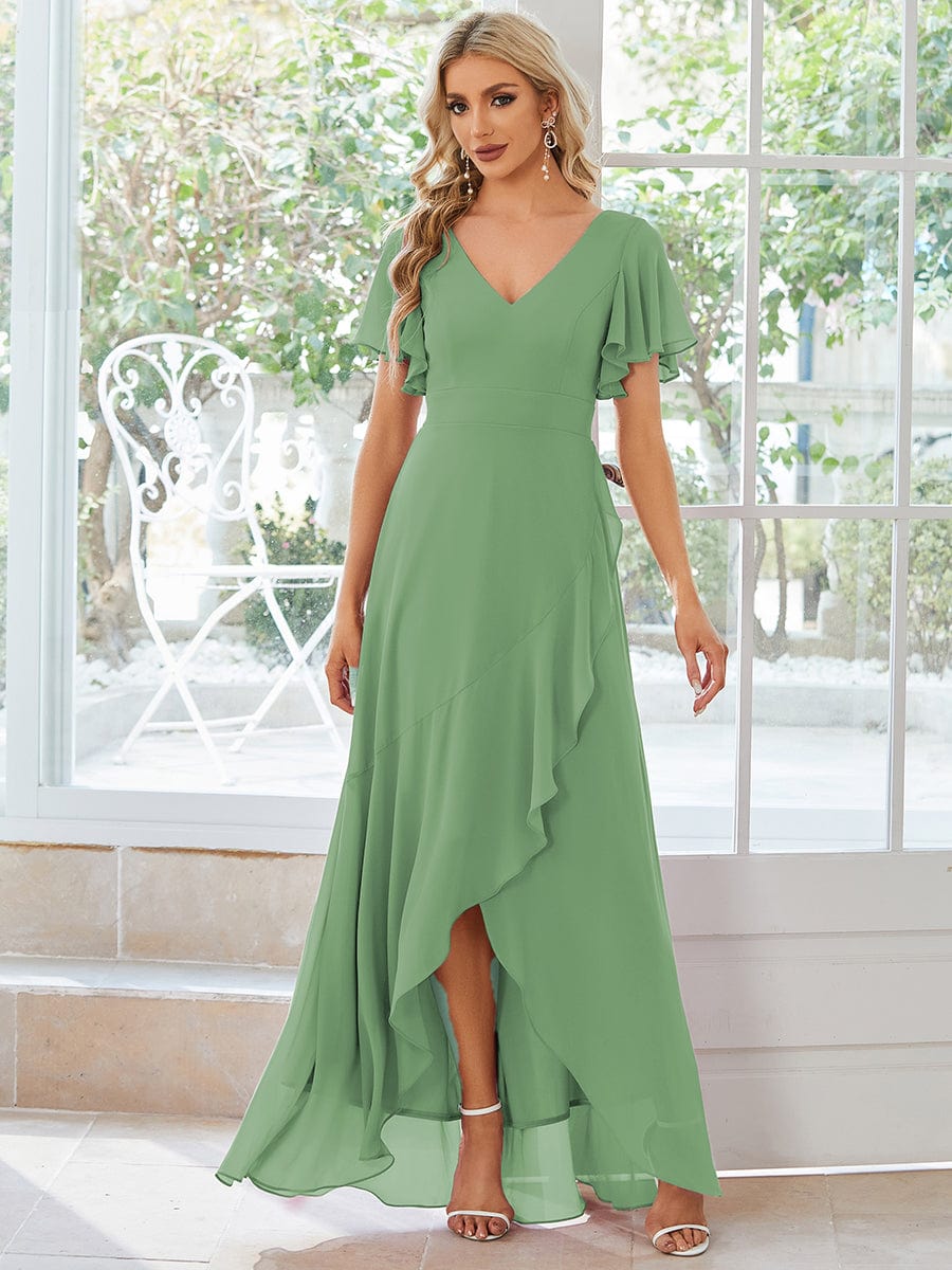 OREE|Ruffles Sleeve V-Neck Chiffon Bridesmaid Dress