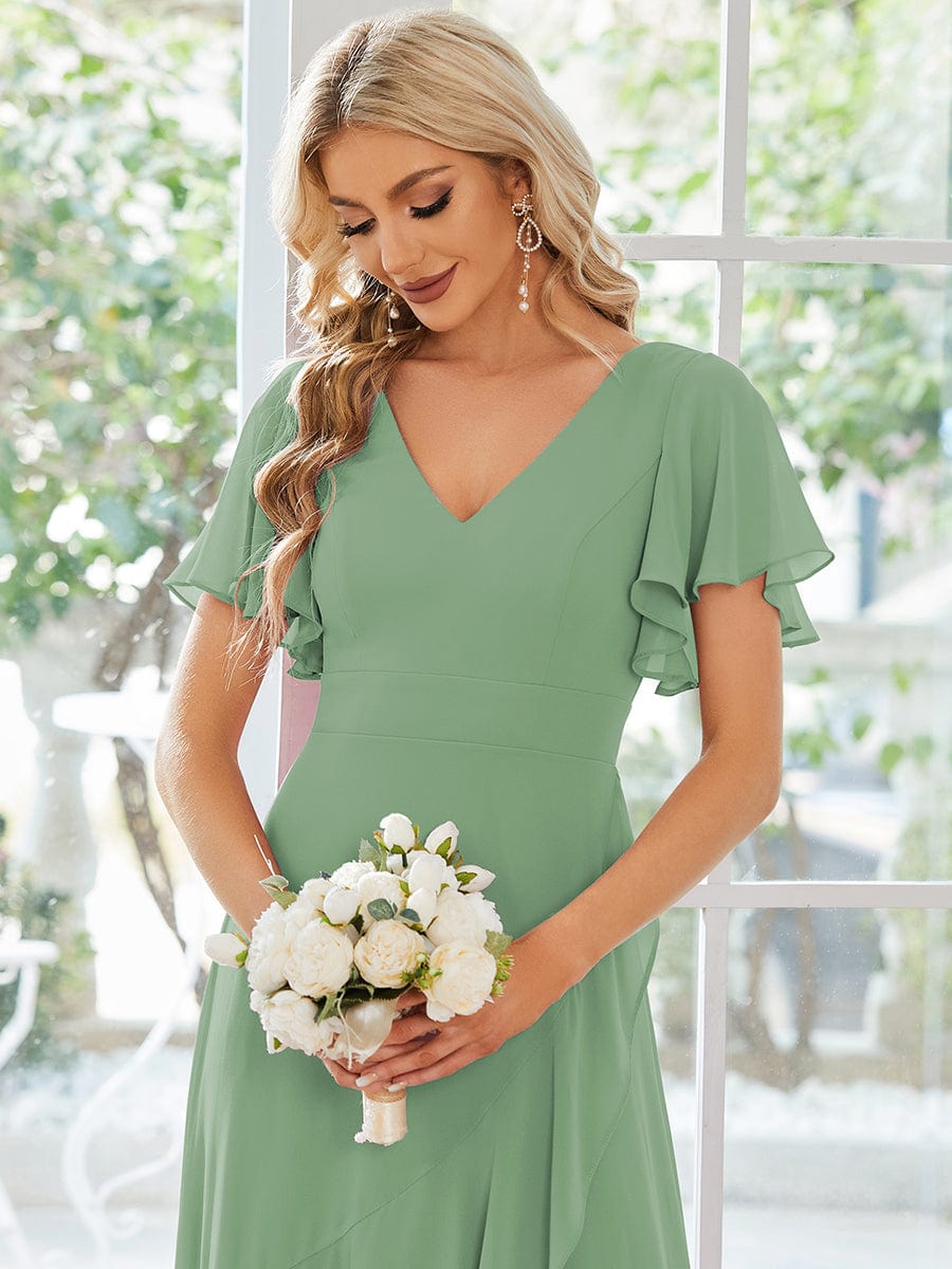 OREE|Ruffles Sleeve V-Neck Chiffon Bridesmaid Dress