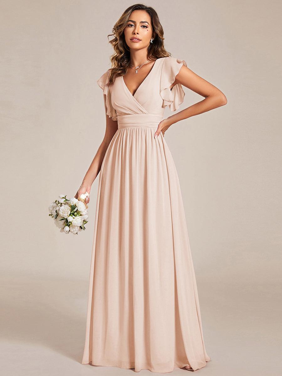 LILYANA|Ruffles Sleeve Back Cutout A-Line Maxi Chiffon Bridesmaid Dress