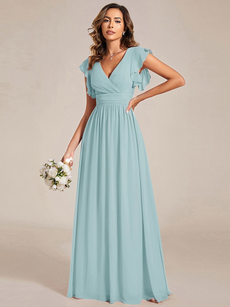 LILYANA|Ruffles Sleeve Back Cutout A-Line Maxi Chiffon Bridesmaid Dress