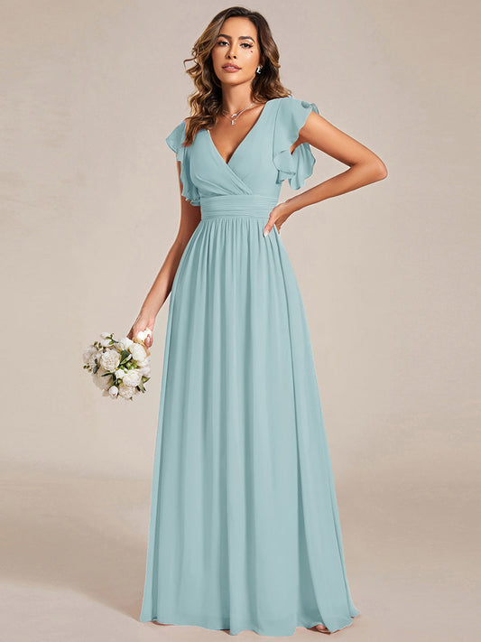 LILYANA|Ruffles Sleeve Back Cutout A-Line Maxi Chiffon Bridesmaid Dress