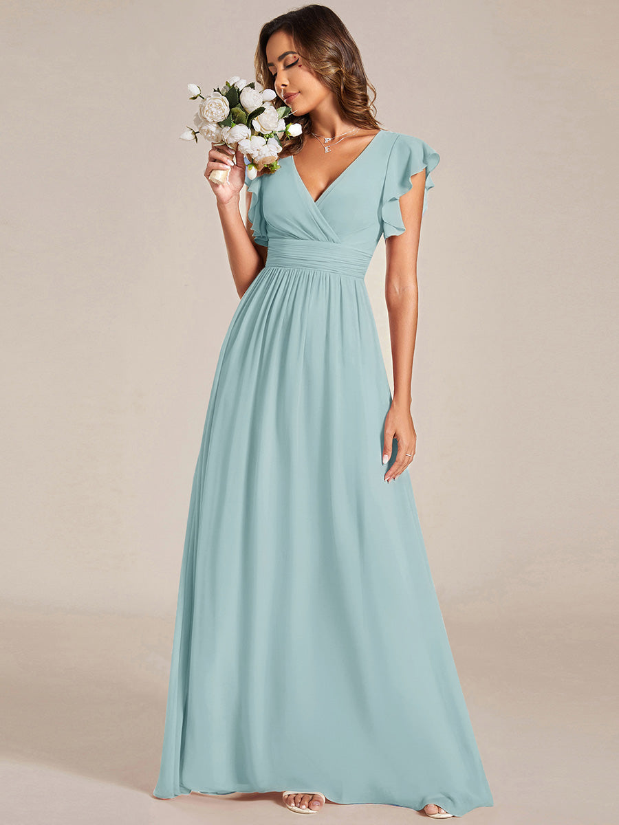 LILYANA|Ruffles Sleeve Back Cutout A-Line Maxi Chiffon Bridesmaid Dress