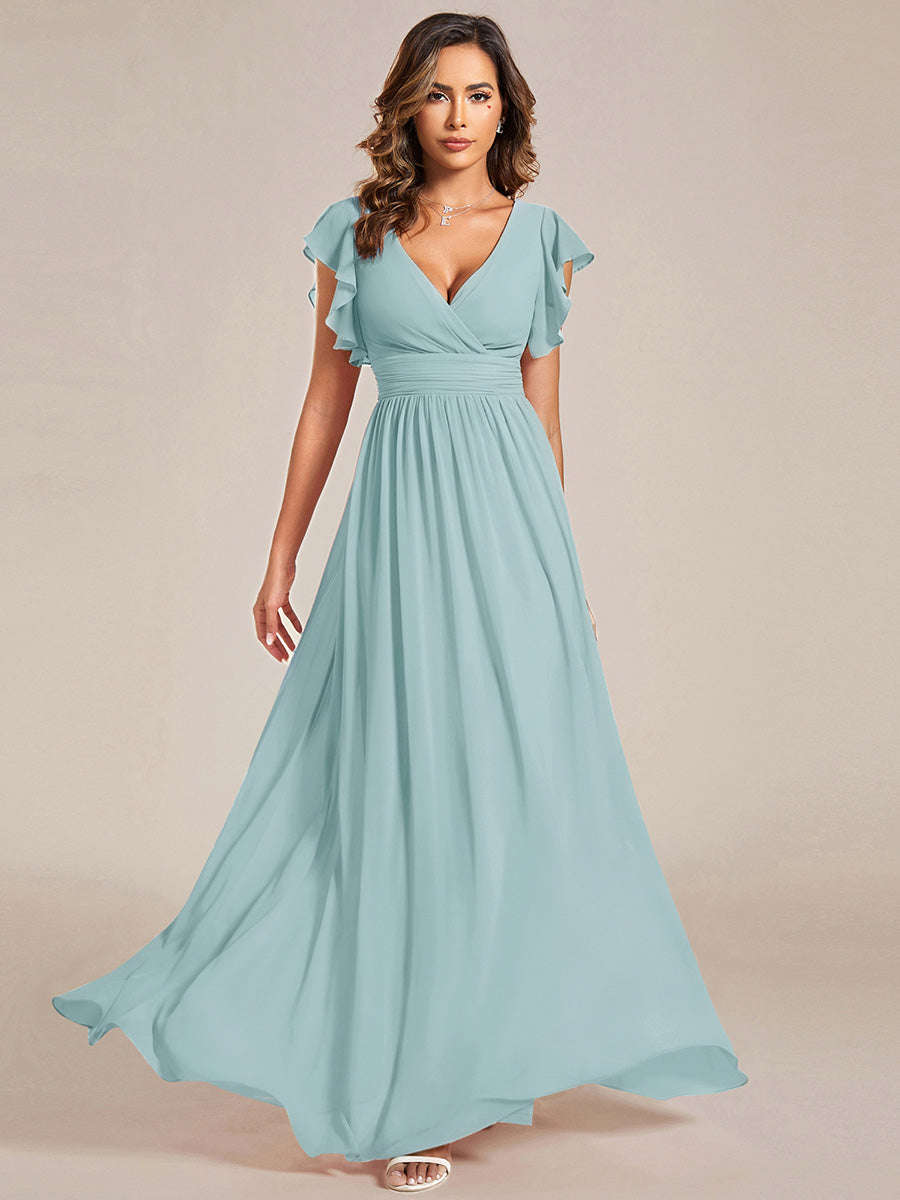 LILYANA|Ruffles Sleeve Back Cutout A-Line Maxi Chiffon Bridesmaid Dress