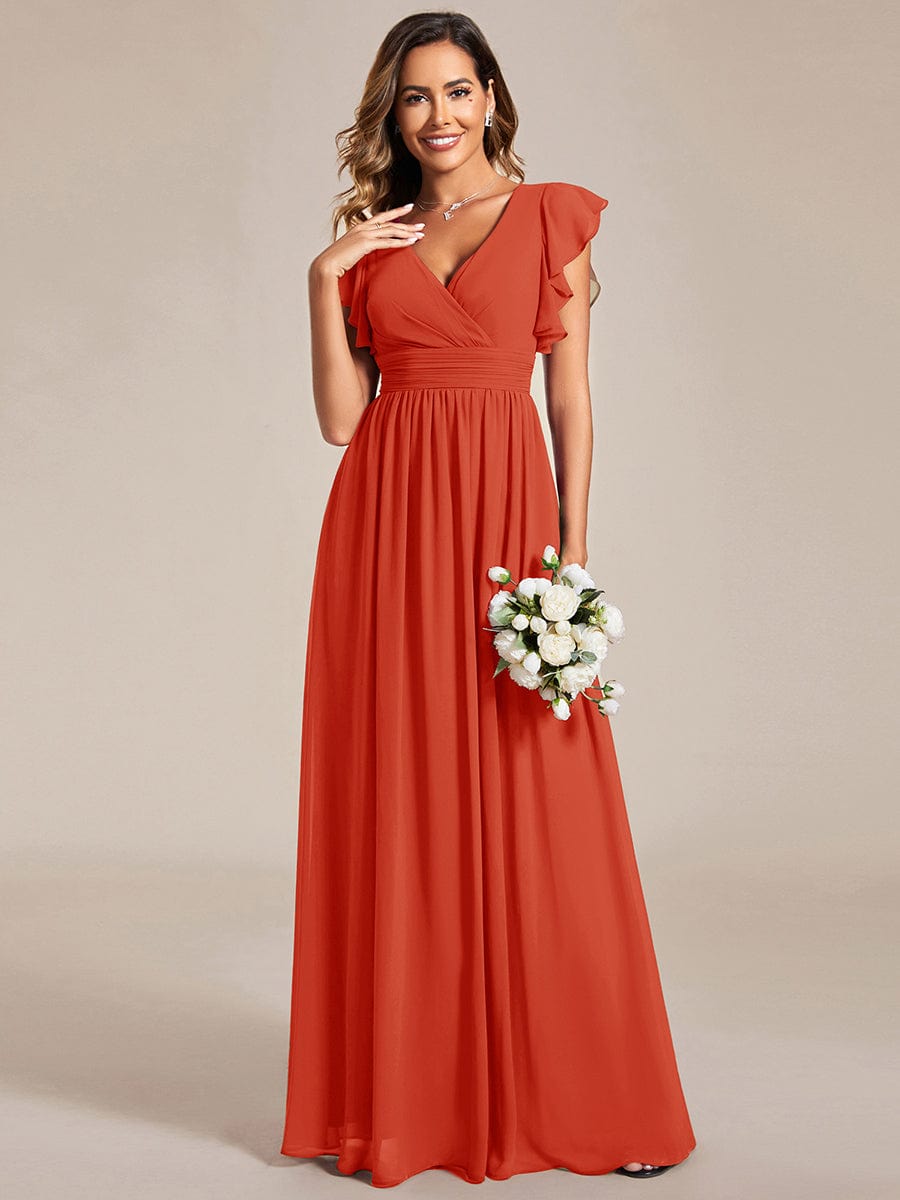 LILYANA|Back Cutout A-Line Pleated Ruffles Sleeve Chiffon Bridesmaid Dress
