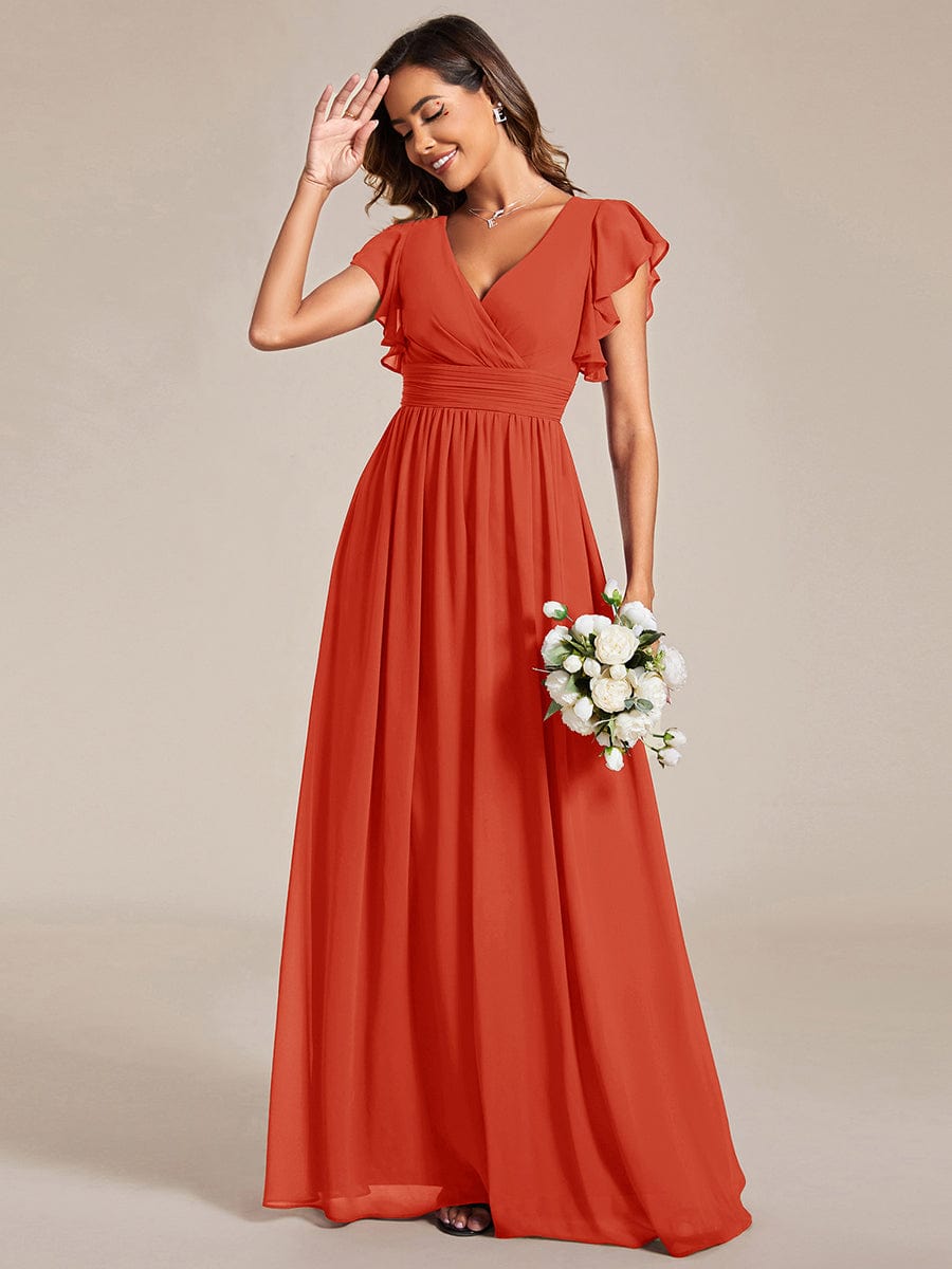 LILYANA|Back Cutout A-Line Pleated Ruffles Sleeve Chiffon Bridesmaid Dress