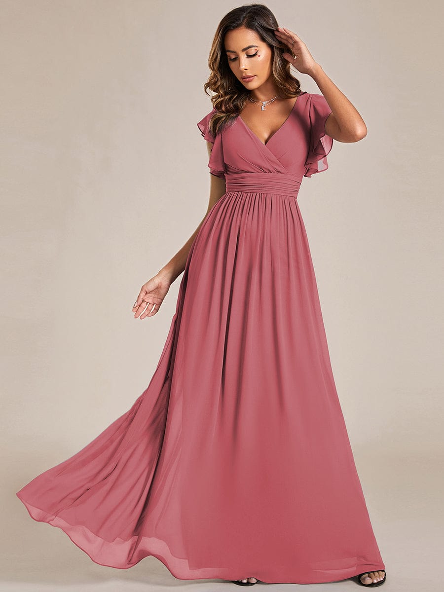 LILYANA|Back Cutout A-Line Pleated Ruffles Sleeve Chiffon Bridesmaid Dress